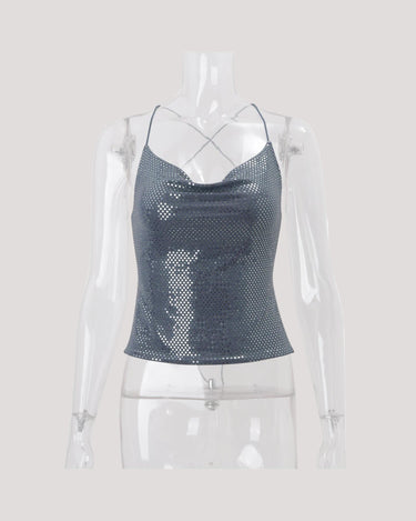 Blue Women’s Fall Bare Back Sequined Mini Halter Sleeveless Vest